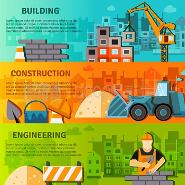 建筑用水平橫幅集與建筑工程用扁元隔離矢量圖.建筑用扁板集